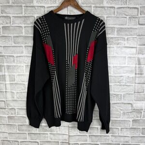 Tuscan Vintage Mens Geometric Abstract Knit Sweater Made in Italy Black Red Grey